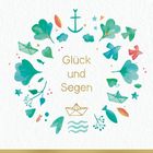 „Glück und Segen“ in der Mitte, umgeben von grünen Kleeblättern, Anker, Vögeln und Papierbooten.