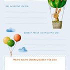 Text: "Ich bin", "Das wünsche ich dir", "Darauf freue ich mich mit dir", "Meine kleine Lebensweisheit für dich." Illustration mit Hase im Ballon, Wolken und Ballons.