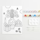 Zahlen 1-14 auf Farbtöpfchen, leere Farbpalette, Pinsel. Illustration mit Vase, Blumen, Geschenk, Bienen und Kerze.