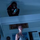 Eine Frau schaut erschrocken nach oben, wo ein Schimpanse mit Tablet sitzt.