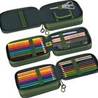 Grünes Federmäppchen, drei Fächer: Schere und Stifte. Buntstifte oben, mittig Ausrüstung, unten Bleistifte.