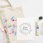 "Happy Birthday", Leinwandtasche mit bunten Formen, bunter 3D-Stift, Glas mit bunten Mustern.