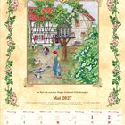 Mai 2027. Im Mai ein warmer Regen bedeutet Früchteseegen. Illustration: Kinder füttern Hühner im Garten vor Fachwerkhaus.