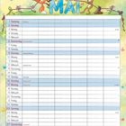 „MAI“ in großen, blauen Buchstaben mit Tieren wie Fuchs und Hase, sowie Monatstagen und Feiertagen in einer Tabelle.