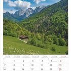 Text: Juni, Montag bis Sonntag, 2027. Landschaft mit Almwiese, Berghütte im Vordergrund, imposante Bergkette im Hintergrund.