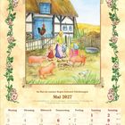 Mai 2027, Spruch: "Im Mai ein warmer Regen bedeutet Früchtesegen." Bauernhofszene mit Menschen, Tieren und Fachwerkhaus.