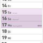 Kalender für Mai, markiert mit Feiertagen wie Maifeiertag und Christi Himmelfahrt, Wochenansicht, violette Akzente.