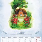 Juni. Im Juni viel Donner, bringt einen trüben Sommer. Juni 2027. Aquarell eines Hauses mit Garten und Blumen.