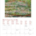 Mai in mehreren Sprachen, darunter Englisch, Italienisch, Spanisch. Kalender mit Gemälde: Eine Brücke über Wasser.