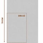 "70 cm", "50 cm" und "DIN A3" beschreiben die Maße. Eine gestrichelte Linie zeigt den DIN A3-Bereich. Spiralbindung oben.