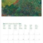 Kalender für Juni, Wochentage in mehreren Sprachen. Illustration: Landschaft mit Feldern und einem Haus, impressionistischer Stil.