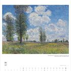 Kalenderseite für Mai, zeigt ein Gemälde mit blühender Wiese und wolkigem Himmel.