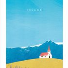 Text oben: "ISLAND", unten: "JUNI". Illustration einer weißen Kirche mit rotem Dach auf gelbem Feld vor blauen Bergen.