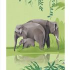 Text: "APRIL". Illustration: Zwei Elefanten am Wasser, umgeben von Pflanzen.