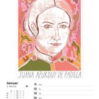 Ein Kalenderblatt für Januar 2027 mit einem Porträt von Juana Azurduy de Padilla vor einem bunten Hintergrund.