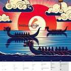 Kalender, zeigt 9. Juni Drachenbootfest. Rote Laternen, Drachenboote auf Wasser mit großem Sonnenuntergang im Hintergrund.
