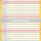 „Vorjahresabbildung“. Kalenderseite Mai. Gelber Hintergrund, Illustration von Blumen und einem Affen.