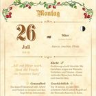 Montag, 26. Juli, KW 30. Stier, Letztes Viertel. "Juli mit Hitze stark, lässt die Frucht im Sommer karg." Ornament mit roten Beeren.