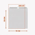 Text: "DIN A5", "20 CM", "16 CM". Skizzenartige Darstellung eines Spiralblocks mit Maßangaben.