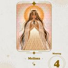 "Melissa", "Montag", "4", "Januar". Illustration einer Frau mit langem Haar und Biene vor einem goldenen Heiligenschein.