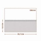 "DIN A4", "29,7 CM", "10,5 CM". Spiralblock zeigt Maße von DIN A4. Dotted Line umrahmt Block.