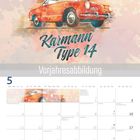 „Karmann Type 14“, „Vorjahresabbildung“ unter VW-Logo. Kalendermonat Mai mit Feiertagen und Notizbereich. Illustration eines Autos.