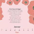 Kalenderseite mit floralen Mustern. Text über Entspannung und Urlaub. Woche 2 im Januar, Tage vom 11. bis 17. Montag bis Sonntag.