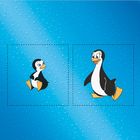 Zwei Pinguin-Illustrationen: Links ein sitzender Pinguin, rechts ein stehender Pinguin auf blauem Hintergrund.