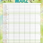 Kalender für März, bunte Illustration mit zwei Waschbären, drei Vögeln und einem Huhn.