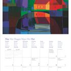 Kalenderblatt Mai 2027. Bunte Illustration mit geometrischen Häusern, Bäumen und Landschaft.
