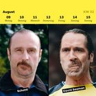 "August 09 bis 15, KW 32." Auf gelbem Hintergrund oben. Zwei Männer mit Schnurrbärten nebeneinander, "Schotti" und "David Seaman".