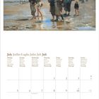 Kalenderseite für Juli 2027, mehrsprachig. Illustration: Menschen am Strand mit blauem Himmel und Wolken.