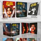 "DIE SÄGE DES TODES" in großen Buchstaben, zusammen mit dramatischen Szenen aus einem Horrorfilm auf verschiedenen Hüllen.