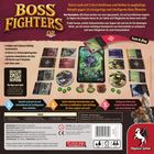 Text: "Boss Fighters QR", "Stürzt euch mit 2 bis 4 Heldinnen und Helden", "10 einzigartige und intelligente Boss-Monster". Enthält Karten und ein Spielbrett. Pegasus-Spiele-Logo.