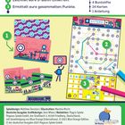 Logo "Next Station: Tokyo", Anleitung für U-Bahn-Spiel. Illustrationen zeigen Karten, Linien und Punktzählung. Logos unten.