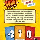 "BURST" in oranger Explosion. "Einfach! Schnell! Clever!" Blaue Karte "-2", orange Karte "7", rote Karte "15". Pegasus Spiele Logo.