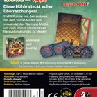 "DIESE HÖHLE STECKT VOLLER ÜBERRASCHUNGEN" steht oben, gefolgt von lebhaften Illustrationen von Spielkarten und einem Schachteldesign.