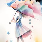 „6“ in einer Blume, „WOLKEN“ unten. Illustration eines Mädchens mit buntem Regenschirm. Blumen und Schmetterlinge umgeben sie.