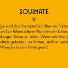 "Soulmate" und Stier-Symbol. Text über das Sternzeichen Stier und seine Verbindung zur Venus in der Astrologie. Hintergrund gelb.