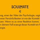 Text: "SOULMATE" und C.G. Jung Zitat über die Begegnung zweier Persönlichkeiten. Gelber Hintergrund, schwarzer Text.