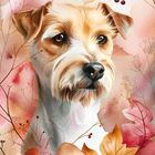 Text: "18", "DOG". Illustration eines Hundes mit herbstlichen Blättern und Pilzen im Hintergrund.