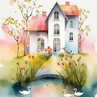 Text: "4" in einer Blume oben, "HOUSE" unten. Illustration eines Hauses mit Garten, Tulpen und zwei Schwänen im Teich.