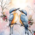 Text: "12" oben links, "BIRDS" unten. Illustration: Zwei Vögel auf einem winterlichen Ast mit Beeren und Schnee, Sonne im Hintergrund.