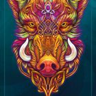„Boar Confidence“. Illustration eines dekorativen, bunten Wildschweins mit prägnanter Ornamentalästhetik.