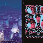 SASA BOYS. Links Stadtansicht bei Nacht. Rechts fünf stilisierte Porträts in Herzen, umgeben von bunten Mustern.