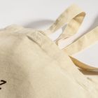 Text: "zz". Hellbeige Stofftasche mit zwei Henkeln und vereinzelten Flecken.