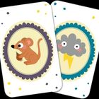 Illustration: Eine Maus mit Pflanze und eine Wolke mit Blitz und Gesichtern, auf zwei Karten mit Punkten verziert.