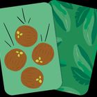 Auf einer Karte sind vier Kokosnüsse gezeichnet, die andere zeigt grüne Blätter. Beides sind Illustrationen.