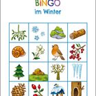 "BiNGO im Winter" steht über einem 4x4 Raster mit Winterillustrationen: Mistelzweig, Schneeflocken, Vogel, Tannenzapfen und mehr.