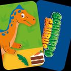 Text: "SCHNAPPO SAURUS". Illustration eines orange-blauen Dinosauriers mit einem Stück Karottenkuchen auf grün-gelbem Hintergrund.